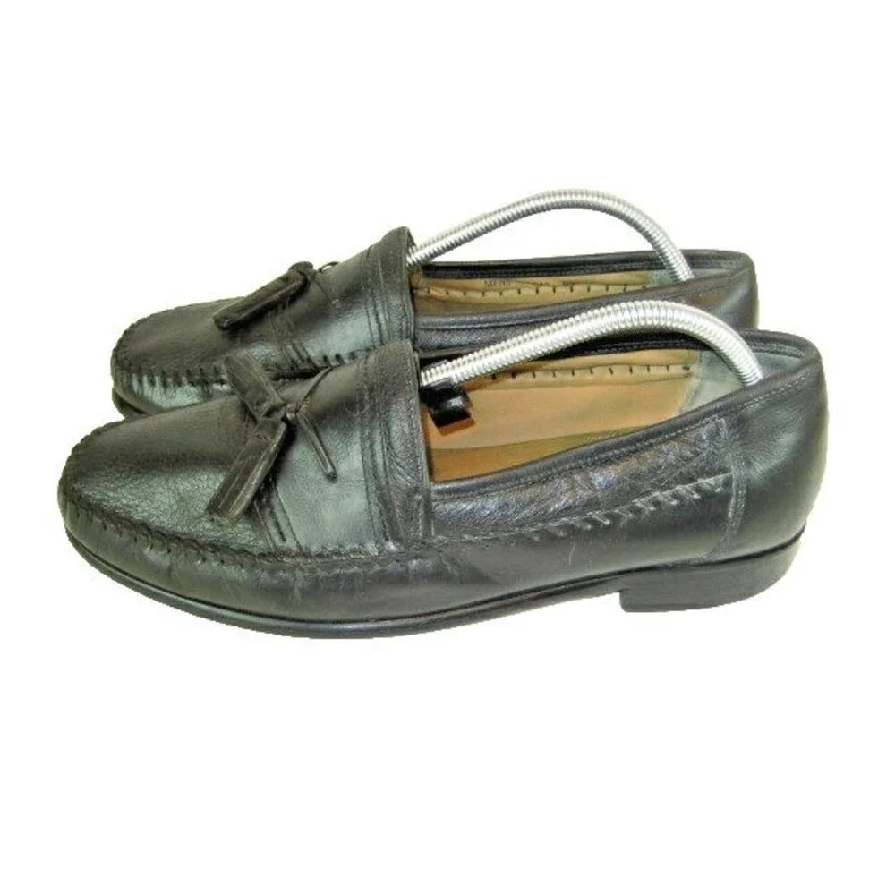 Mens Brass Boot Black Leather Sheepskin Lined Tassel Casual Loafers sz 9.5M